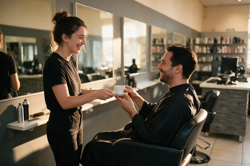 Friseurin reicht einem Kunden einen Espresso